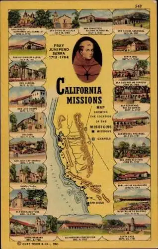 Landkarten Ak Kalifornien USA, California Spanish Missions, Fray Junipero Serra
