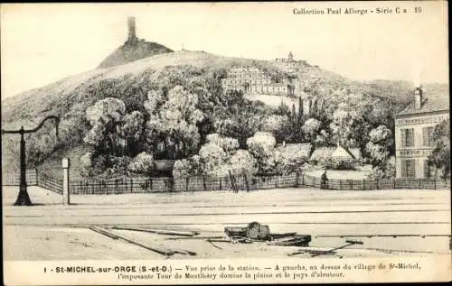 Ak Saint Michel sur Orge Essonne, Vue prise de la station, A gauche au dessus du village