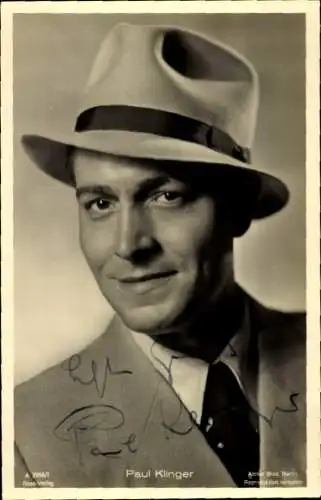 Ak Schauspieler Paul Klinger, Portrait mit Hut, Ross Verlag A 2956 1, Autogramm