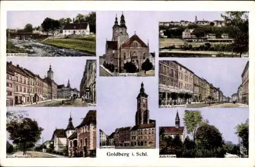 Ak Złotoryja Goldberg Schlesien, Evangelische Kirche, Obermarkt, Villenpromenade, Kath. Kirche