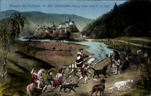 Ak Loket Elbogen Region Königgrätz, Burg Elbogen, Auszug Kaiser Karls IV. zur Jagd