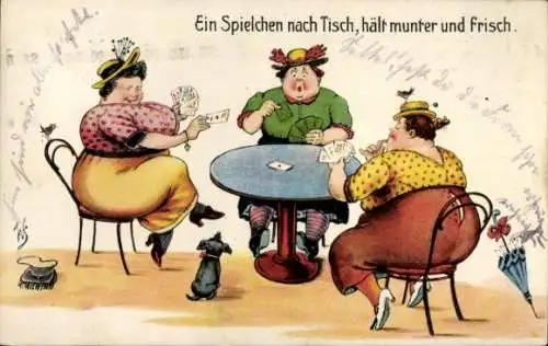 Ak Frauen sitzen am Tisch und spielen Karten, Hund