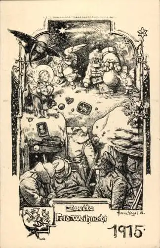 Künstler Ak Vogel, Zweite Feld-Weihnacht 1915, Soldaten im Unterstand, Weihnachtsmann, Engel