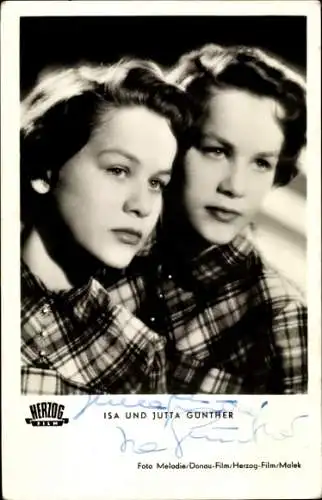 Ak Schauspielerinnen Isa und Jutta Günther, Portrait, Film Der erste Kuß, Autogramm