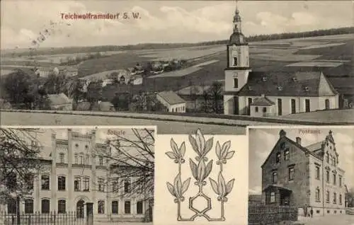 Ak Teichwolframsdorf in Thüringen, Gesamtansicht, Schule, Post