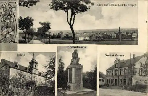 Ak Gornau im Erzgebirge Sachsen, Gesamtansicht, Schule, Kriegerdenkmal, Gasthof Gornau