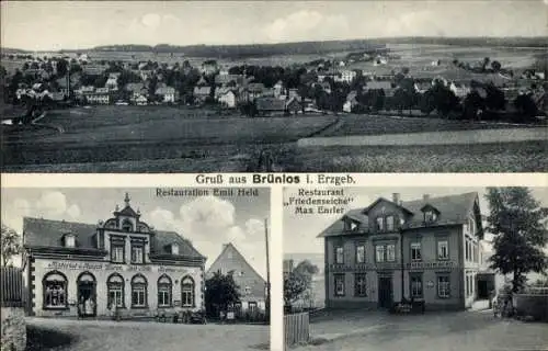 Ak Brünlos Zwönitz im Erzgebirge Sachsen, Restaurant Emil Heid, Restaurant Friedenseiche