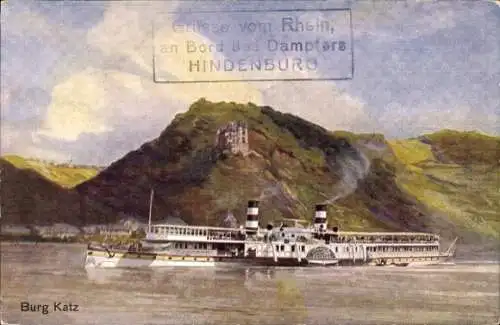 Künstler Ak St. Goarshausen am Rhein, Burg Katz, Köln Düsseldorfer Salondampfer Hindenburg