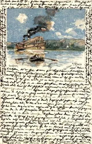 Künstler Ak Dampfer auf dem Rhein, Ruderboot