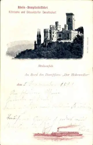 Ak Stolzenfels Koblenz, Köln-Düsseldorfer Rhein Dampfschifffahrt, Dampfer Der Hohenzoller