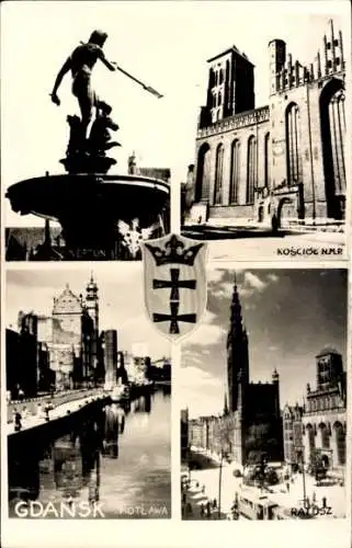 Ak Gdańsk Danzig, Neptunbrunnen, Rathaus, Marienkirche