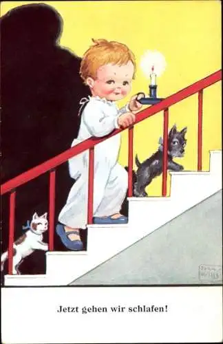 Künstler Ak Wills, John, Junge im Schlafanzug, Kerze, Hund, Katze