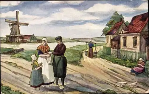 Ak Niederländische Tracht, Familienbild, Dorfidyll, Windmühle, Wasserträgerin