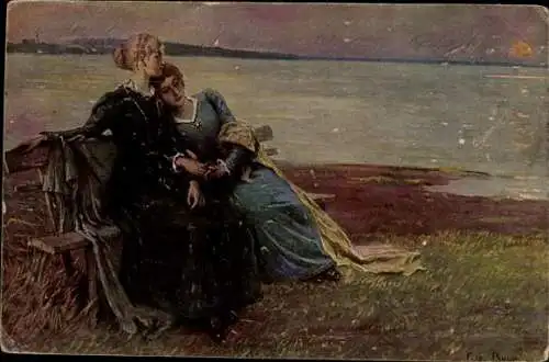 Künstler Ak Raupp, F., Sonnenuntergang, Zwei Frauen, Sitzbank