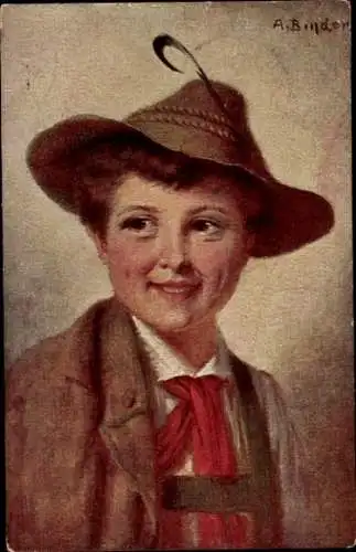Künstler Ak Binder, A., Junge in Tracht, Portrait, Hut mit Feder