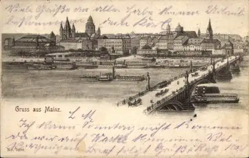 Litho Mainz am Rhein, Blick auf den Ort, Brücke