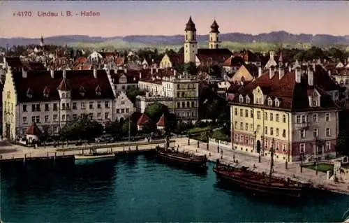 Ak Lindau am Bodensee Schwaben, Teilansicht, Hafen, Schiffe