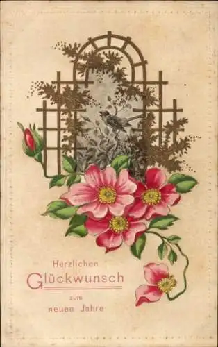 Präge Ak Glückwunsch Neujahr, Vogel, Blühende Blumen