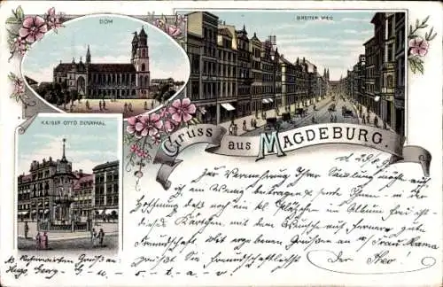 Litho Magdeburg an der Elbe, Breiter Weg, Dom, Kaiser Otto Denkmal