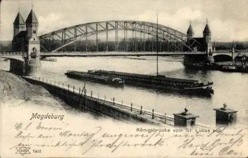 Ak Magdeburg an der Elbe, Blick vom St. Lucas, Königsbrücke, Lastenschiff