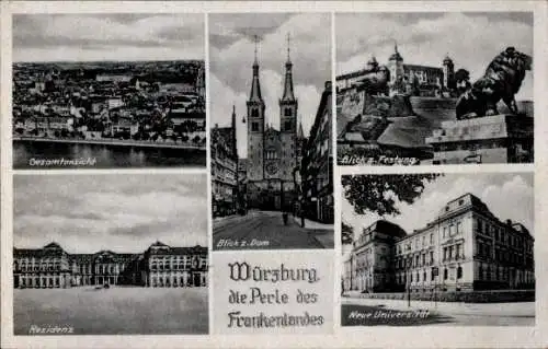 Ak Würzburg am Main Unterfranken, neue Universität, Residenz, Dom, Festung, Gesamtansicht