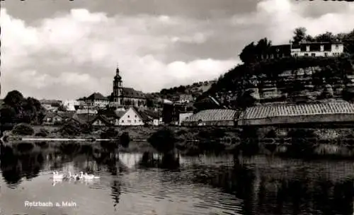 Ak Retzbach Zellingen am Main Unterfranken, Teilansicht, Kirche, Schwäne