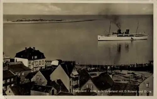 Ak Nordseeinsel Helgoland, Blick aufs Unterland, Dampfer Roland, Düne