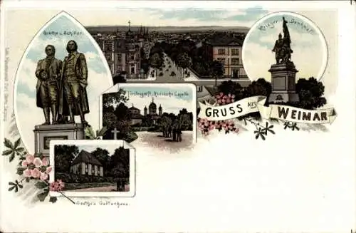Litho Weimar Thüringen, Schiller und Goethe Denkmal, Fürstengruft, Russische Kapelle, Kriegerdenkmal