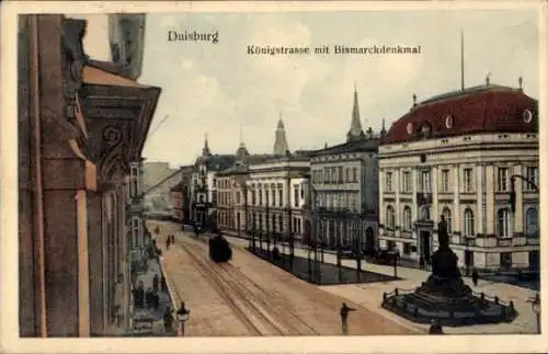 Ak Duisburg im Ruhrgebiet, Königstrasse, Bismarckdenkmal, Straßenbahn