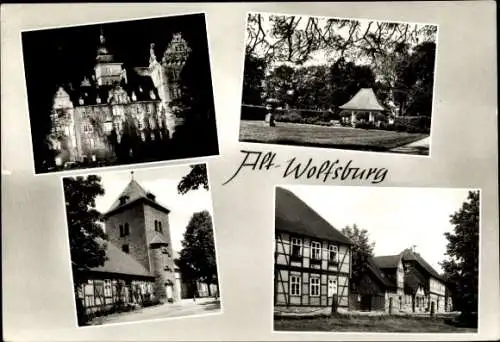 Ak Wolfsburg in Niedersachsen, Nacht, Fachwerkhäuser, Kirche