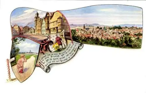 Wappen Litho Lauterbach an der Lauter Vogelsbergkreis, Strumpf verloren, weinendes Kind, Panorama