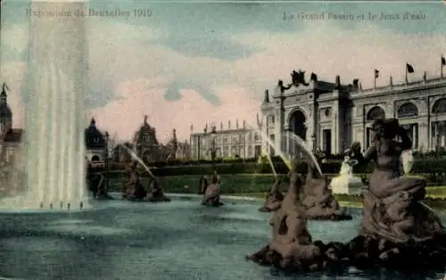 Ak Brüssel Brüssel, Ausstellung 1910, Grand Bassin, Wasserspiele