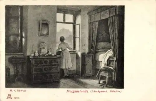Künstler Ak Schwind, Moritz von, Morgenstunde, Frau am Fenster