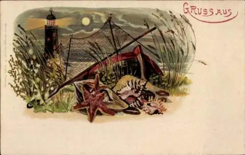 Litho Leuchtturm, Muscheln, Fischerboot, Mondschein