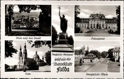 Ak Fulda in Hessen, Blick auf die Stadt, Orangerie, Dom, Bonifatius Platz, Bonifatius Denkmal