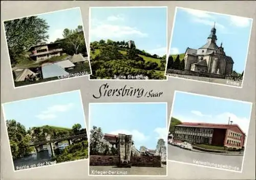 Ak Siersburg im Saarland, Campingplatz, Ruine, Kirche, Nied, Kriegerdenkmal, Verwaltungsgebäude