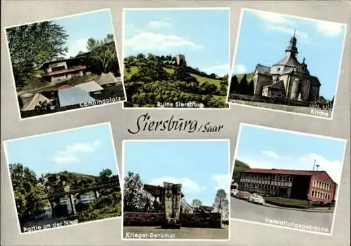 Ak Siersburg im Saarland, Campingplatz, Ruine, Kirche, Nied, Kriegerdenkmal, Verwaltungsgebäude