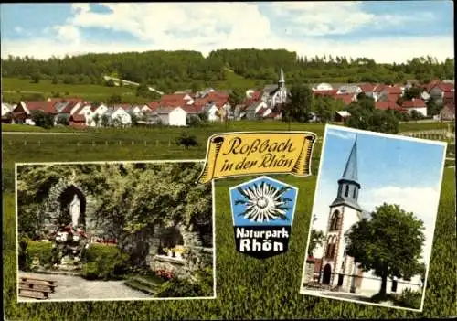 Ak Roßbach Hünfeld in der Rhön Hessen, Gesamtansicht, Grotte, Kirche