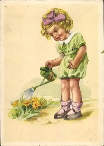 Künstler Ak Mädchen mit Gießkanne gießt gelbe Blumen