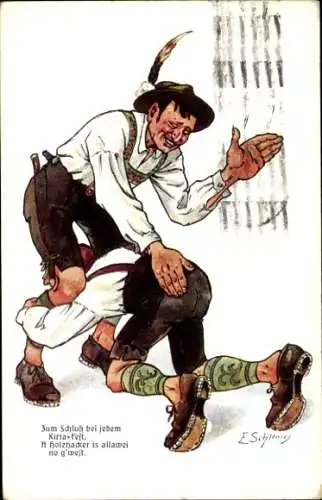 Künstler Ak Schlemo, E., Bayern in Lederhosen, Holzhacker, Schuhplattler No. 6