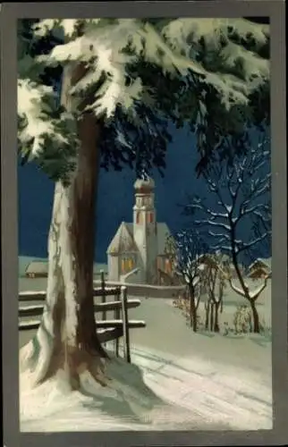 Künstler Ak Winterlandschaft mit Blick zu einer Kirche