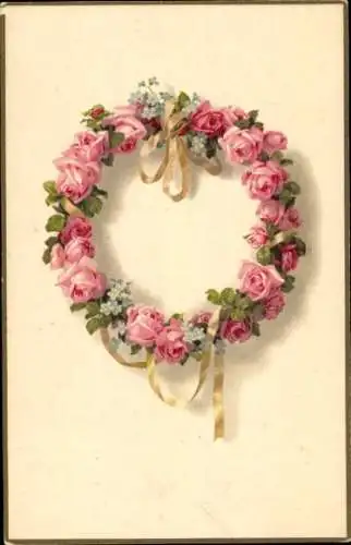 Künstler Ak Blumenkranz aus rosa Rosen