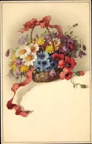 Künstler Ak Blumenkorb, Kornblumen, Mohn