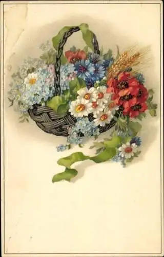Künstler Ak Blumenkorb, Kornblumen, Mohn, Vergissmeinnicht