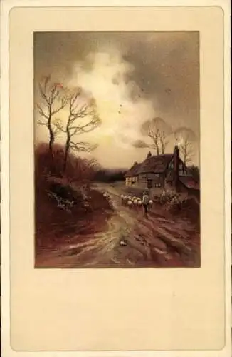 Künstler Ak Hirt mit Schafherde auf einem Weg