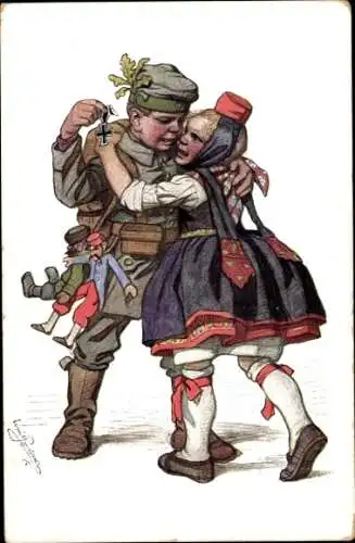 Künstler Ak Beithan, Emil,Junge als Soldat, Abschied von der Geliebten, Mädchen in hessischer Tracht