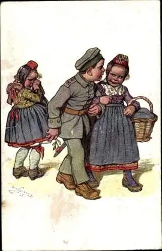 Künstler Ak Beithan, Emil, Soldat, Mädchen in hessischen Trachten