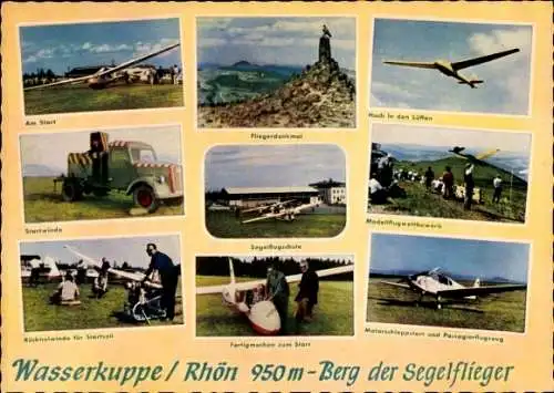 Ak Wasserkuppe Rhön, Berg der Segelflieger, Segelflugzeuge, Startwinde, Motorschleppstart