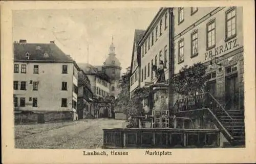 Ak Laubach in Hessen, Marktplatz, Brunnen, Geschäft, F. R. Kratz