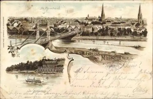 Litho Mülheim an der Ruhr, Kahlenberg, Kettenbrücke, Panorama